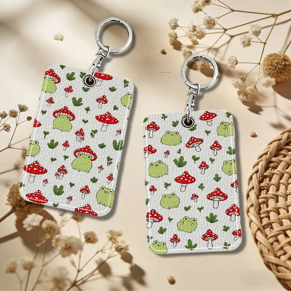 Cute Cartoon Mushroom PU Soft Leather Rectangular Keychain Card Holder, Badge Student ID Bus Elevator Card Protector