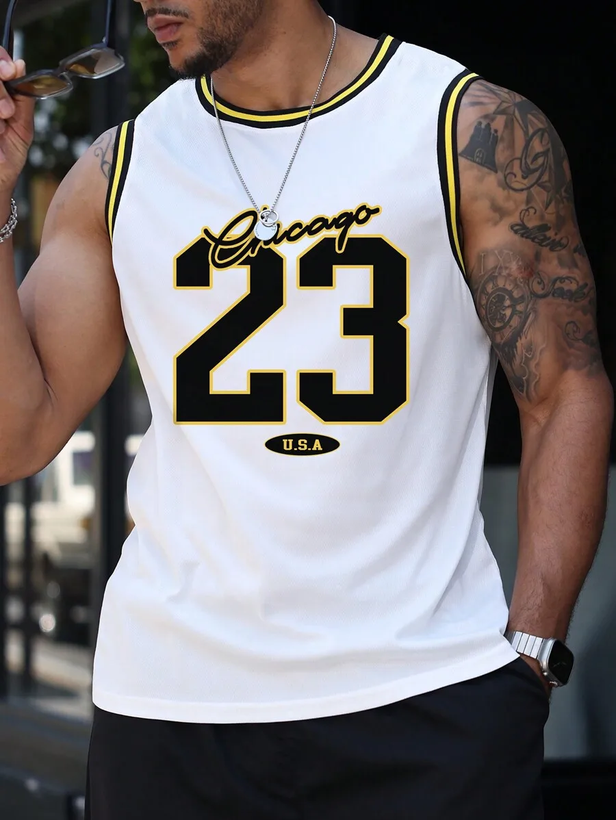 

Men's White Sleeveless Tank Top with Bold Black Number Graphic and Gold Trim, Loose Fit Streetwear Style