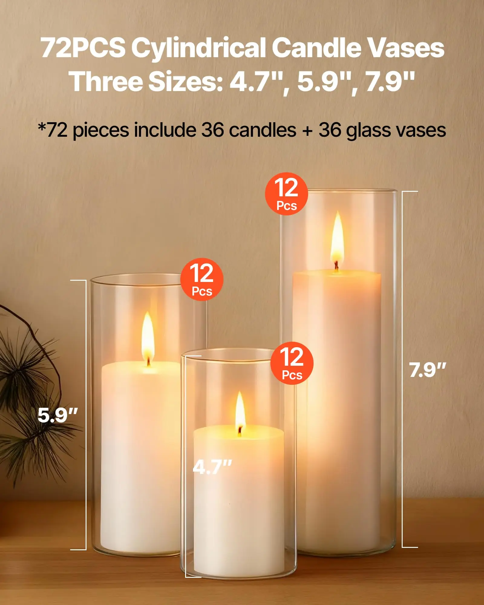 Pillar Candles and Glass Vases Set 72 Pcs, Clear Cylinder Hurricane Candle Holders for Wedding Centerpieces, Tall Vase