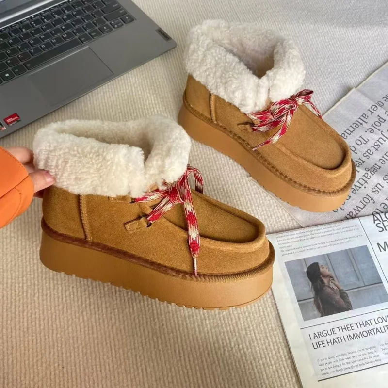 

YiJia Thick Bottom Wool Snow Boots Women's Winter New Style Cow Suede Fleece Lined Warm Cotton Shoes Casual Short Tube