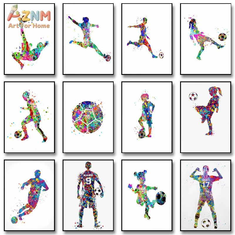 AZNM Watercolor Splatter Soccer Player Silhouette Canvas Wall Art Print, Colorful Football Sports Boys Teen Bedroom Decor Poster