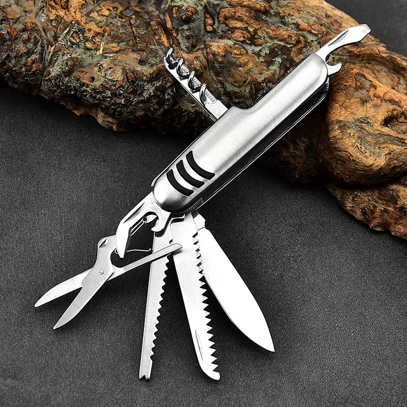 

Carry Around Multifunction Outdoor Emergency Tools Stainless Steel Bottle Opener Cork Drill Portable 11 in 1 Fold Pocket Knife