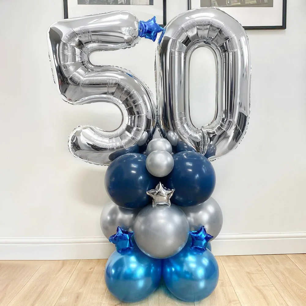 27Pcs 18 20 30 40 50 60 70th Silver Number Foil Balloons Set Ink Blue Latex Balloons For Happy Birthday Anniversary Party Decors