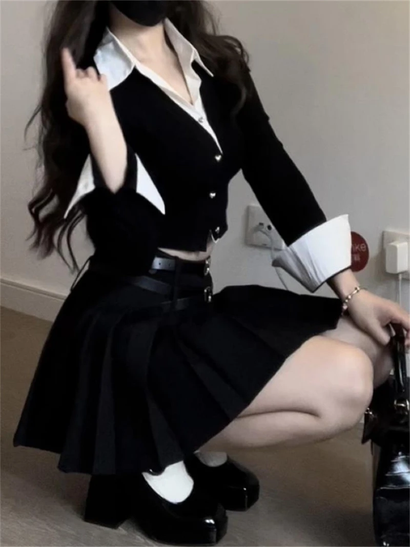 Koreanische Art Mädchen schlanke V-Ausschnitt schwarz jk Uniform Set täglich Frauen Frühling Herbst Strick oberteil sexy Bluse Gürtel Falten rock komplettes Set