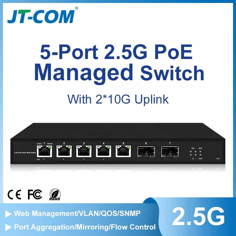

L2 Web Managed PoE Switch 1/2.5Gbps with 5 RJ45 Ports 2*10G SFP+ Uplink 65W IEEE802.3af/at for WiFi AP POE Camera 500ft Network