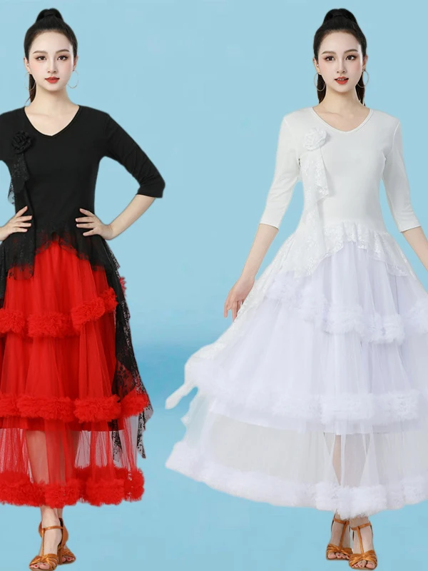 modern-dance-social-dance-women's-2026-mid-sleeve-top-cake-skirt-square-dance-performance-outfit-waltz-customizable-fitness-set