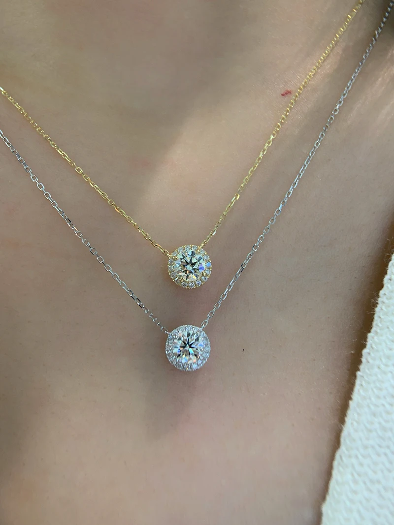 LUOWEND 100% 18K White/Yellow Gold Necklace Elegant Round Shape Real Natural Diamond Pendant Necklace for Women Fine Jewelry