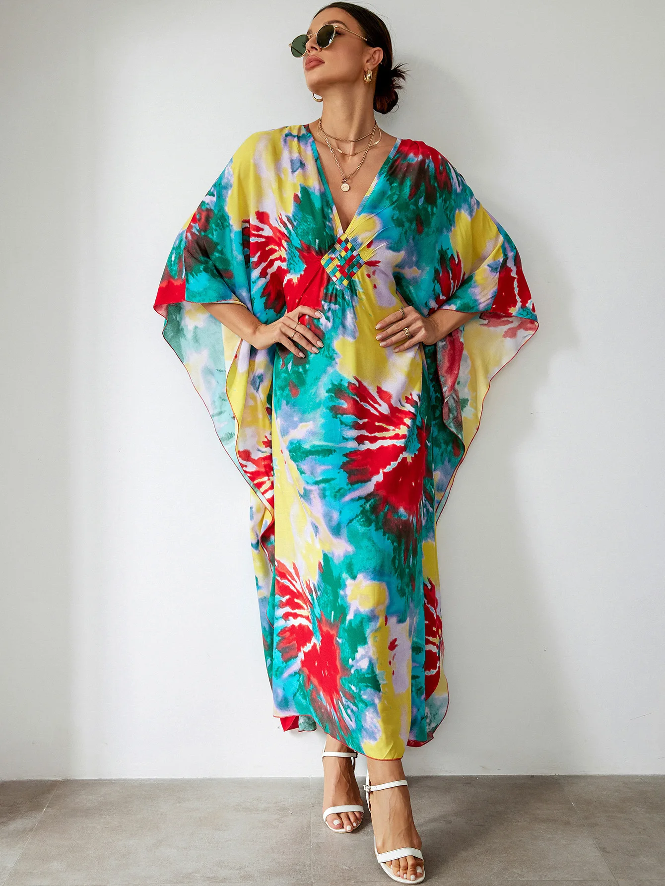 Plus Size Women's V-neck boho Print Beach Long Dress Loose Swimsuit Bikini Cover-up Holiday Robe Outfit Beachwear