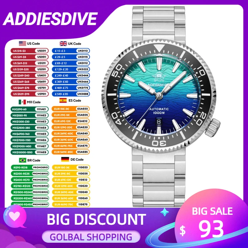 

ADDIESDIVE High Quality 100Bar Diving Men's Watches Sapphire Glass Gradient Watch AD2526 Reloj Hombre Stainless Steel NEW Watch