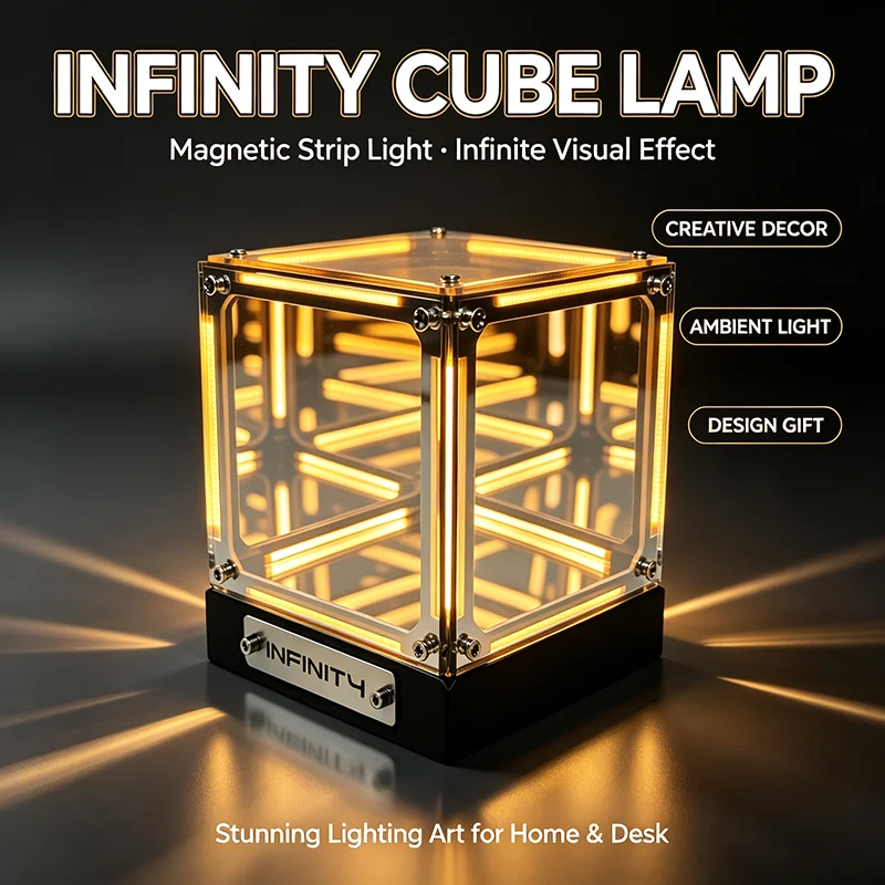 4D Infinity Hypercube Led Table Lamp, Multi-layer Mirror Abyss Projection Box, Acrylic Night Light, Desktop Room Decor Ornament