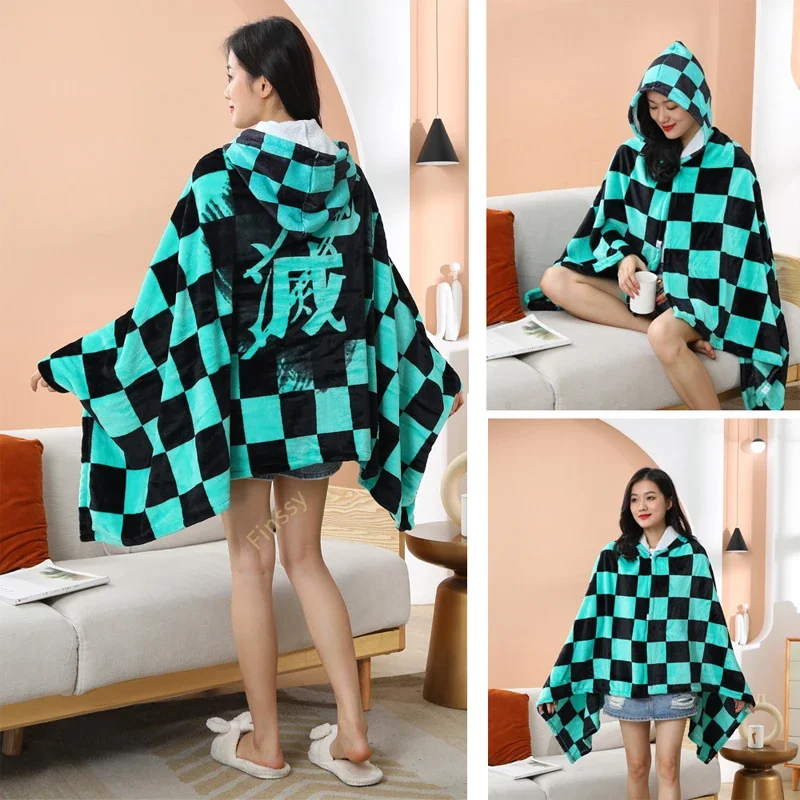 Demon Slayer Anime Hoodie Blanket Cloak Shinobu Nezuko Kimetsu No Yaiba Tanjirou Pajama Cover Cosplay Prop Flannel Blanket Decor