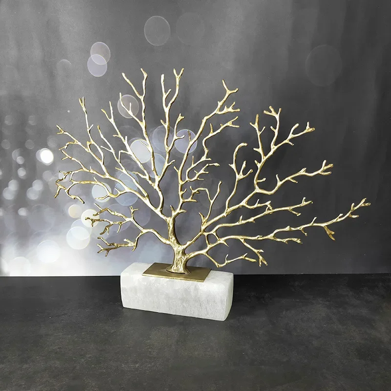 Brass Sculpture Artificial Coral Tree Marble Base Hollow Gold Tree Metal Decorative Figurines Home Decoration Accessories