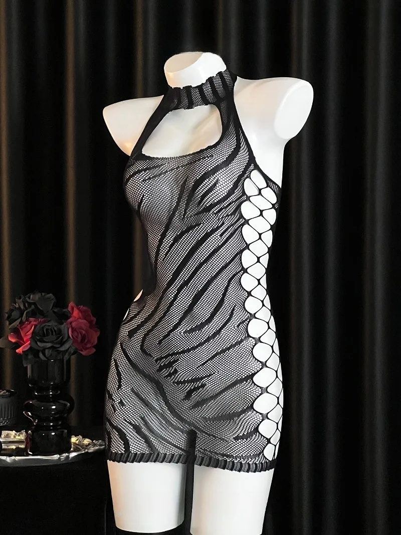 Sukienka z siateczki z wycięciami w zebrę, seksowna bielizna z rozcięciem dla kobiet, prześwitująca bielizna nocna, obcisła mini sukienka bodycon na imprezę dla par