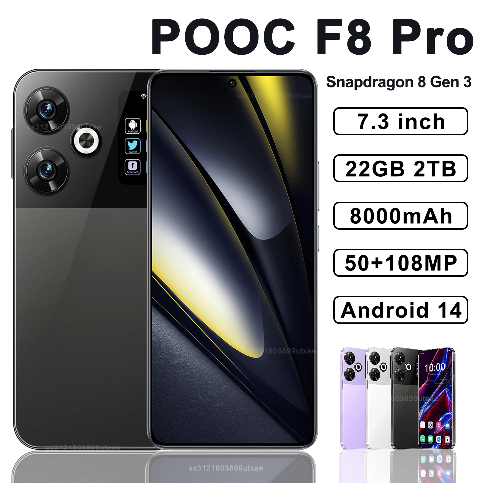 Pooc F8 Pro Smartphone 5G 7.3inch Snapdragon 8gen3 22G+2TB Cell Phone Dual SIM Mobile Phones 8000mAh Android 14 Unlocked NFC