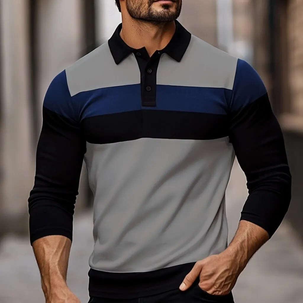 Men's Color Block Long Sleeve Polo Shirts Fashion Casual Comfortable Pullover Tops Autumn Winter Outdoor Street Business Clothes