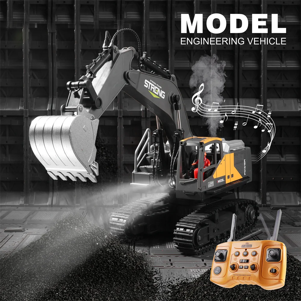 HJ Models 689-714A 1/16 2.4G 16CH RC Car Excavator Engineering Vehicle Alloy Bucket Digging 680°Rotation Spray LED Light RTR Toy