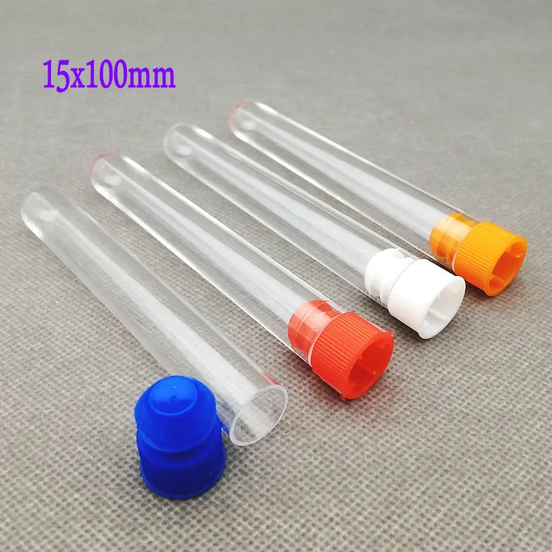 

120pcs 15*100mm Lab Clear Plastic Round Bottom Test Tube , Wedding Gift Bottle Dried Flowers Candy Vial with Color Cap