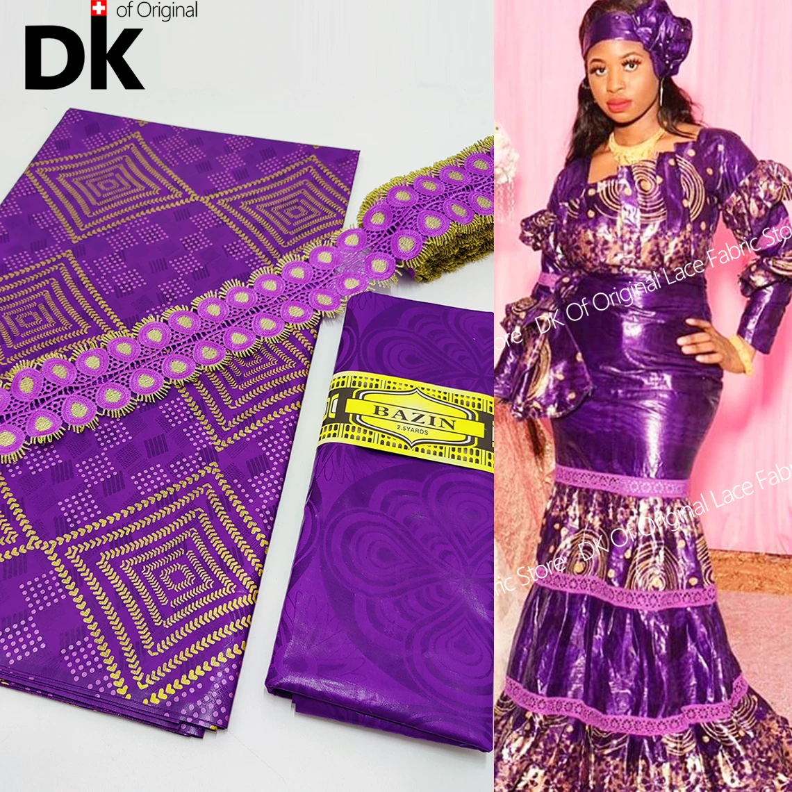 Purple African Original Print Bazin Riche With Ribbon Trim 2023 High Quality Nigeria For Women Wedding Party Dresses Material