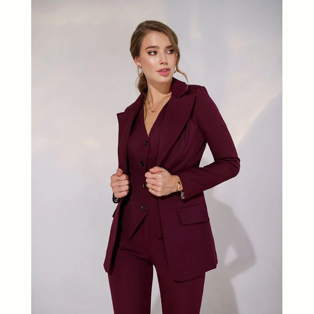 Smart Luxury Wine Red Suit for Women 3 Piece Jacket Vest Pants Single Breasted Female Clothing Formal Office Lady Blazer Set