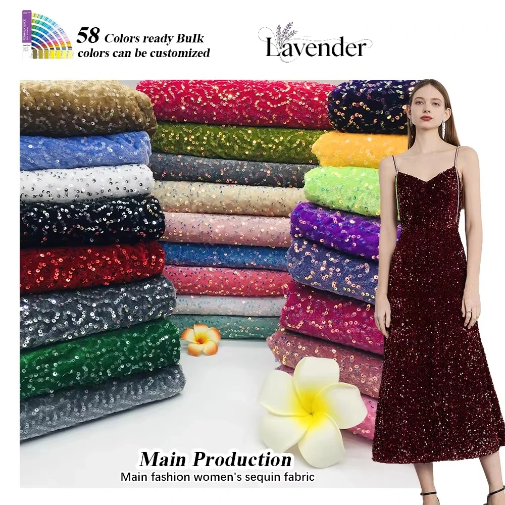

Hot Selling RX256 Wholesale 3mm 58Colors Luxury Aluminum Sequin Fabric 4 Way Stretch Velvet Based Embroidered Fabric for Dress