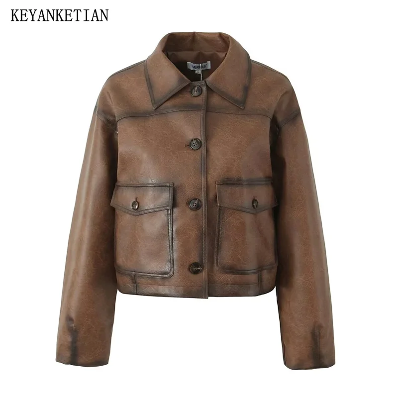 KEYANKETIAN Winter New Women\'s Dark brown Artificial Leather Jacket Stylish Retro Button-up Loose Pockets Crop Outerwear  TOP