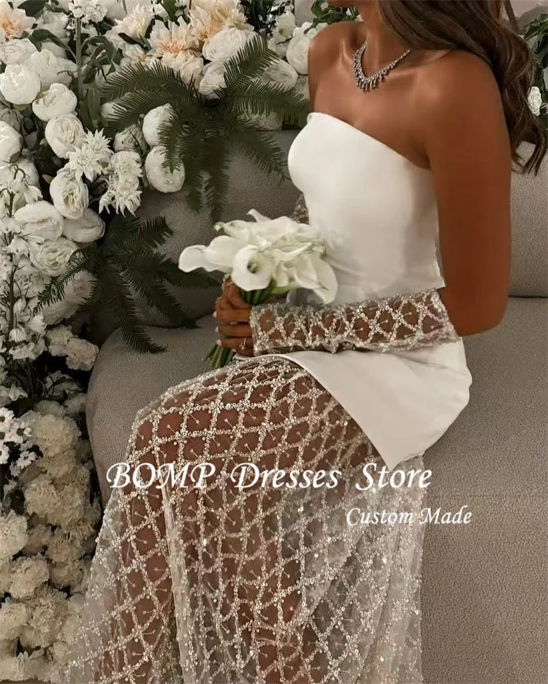 BOMP White Wedding Dresses Strapless Lace Skirt Dubai Arabic Women bride Gowns Grid Fabic Formal Evening Dress Customized