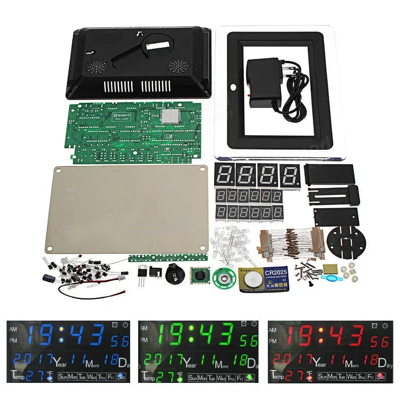 DC 9-12V Electronic Calendar Soldering Kit High Precision DIY Clock Kit ECL-1227 12/24 Hour C/F Switchble 3 colors with case