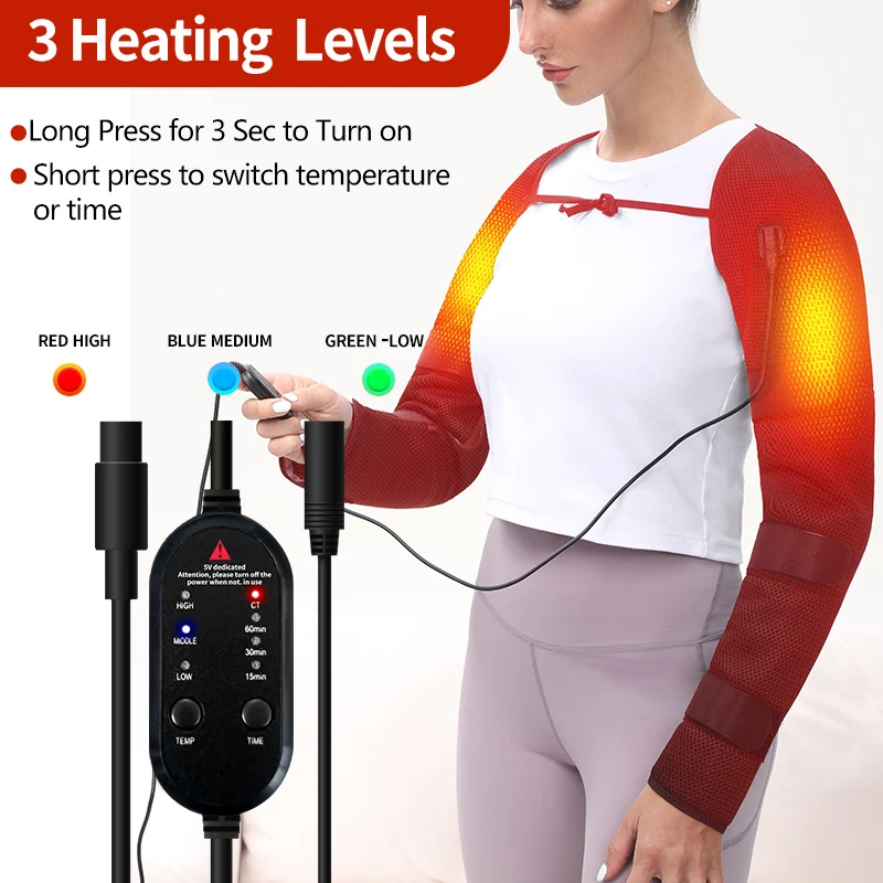 Verwarmingskussen voor schoudermassage, ultralange verwarmde polsbandage, elleboogverwarmingskussen met 3 trillingen en warmte-instellingen AC-adapter