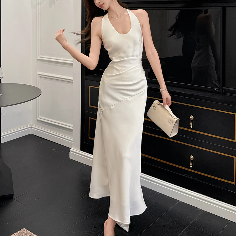 Fashionme feminino halter midi vestidos de cetim com gravata frontal sem costas dividida vestido de cetim oco