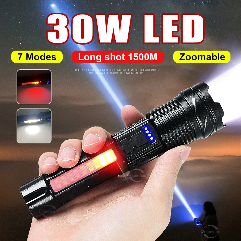 Brand Newest Powerful Flashlight COB Super Long Shot Rechargeable Torch Light High Power LED Flashlight Built-In Battery Lantern