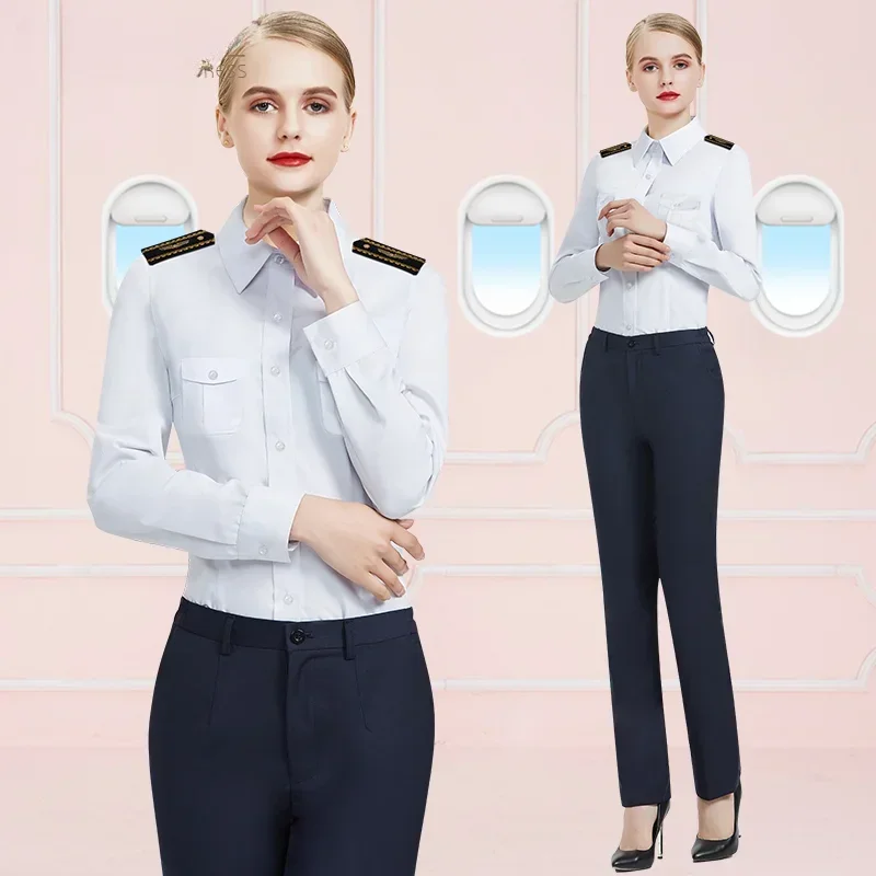 

Aviation female captain pilot uniform white shirt college slim fitting shoulder badg flight attendant long sleeved work shirt