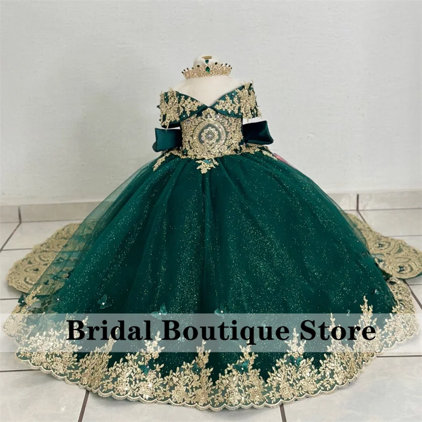 

New Arrival Green 2024 Sparkly Flower Girls Dress Beads Sequins Lace Butterfly Appliques Child Gown For Wedding Birthday Party