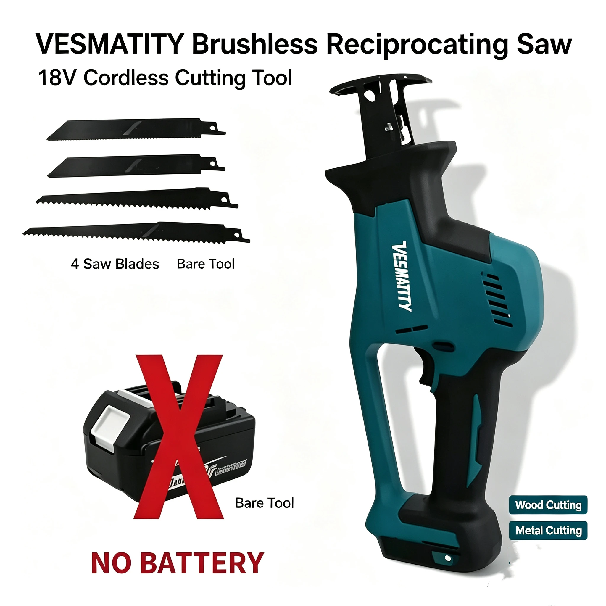 DJR189 18V Brushless Cordless Reciprocating Saw, Electric Saber Saw Power Tool for Wood and Metal Cutting,Cutting Equipment Tool