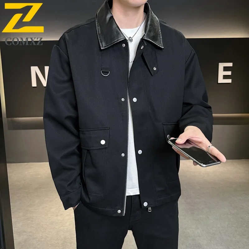 COMXZ Mens 2025 Large Size Fall Pure Color Turn down Collar Loose Fit Casual Jacket for Outdoor Outfit lightweight windbreaker