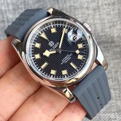 BLIGER 남성용 빈티지 스틸 기계식 손목시계, NH35 Movt 36mm 39mm 시계, 노란색 마커 와플 밴드, 사파이어 크리스탈 폴리시 베젤