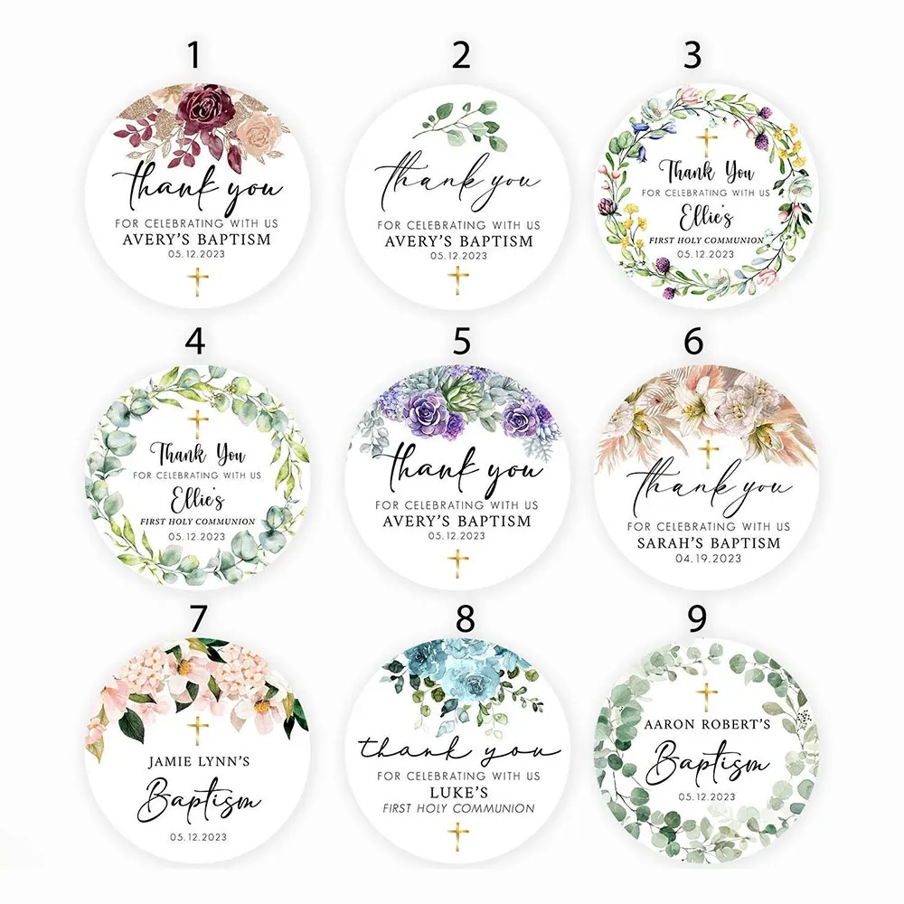 Personalized Christening Stickers Floral Wedding Baby First Communion Stickers Candy Dessert Offer Tags