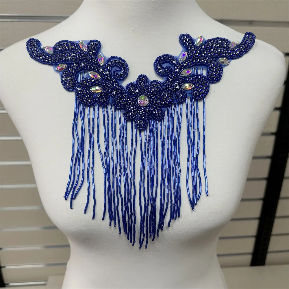 1PCS  Rhinestone Applique tassels flower patches Iron on/sew on wedding dress accessories For Clothes Decoration