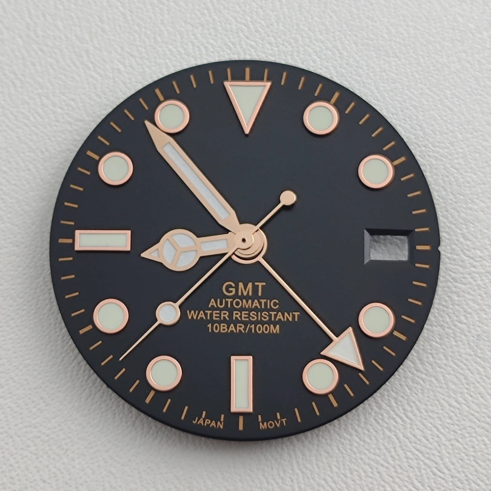 28,5 мм циферблат NH34 стрелки GMT четыре стрелки зеленый светящийся циферблат для часов NH34 модифицированный механизм запасные части для часов