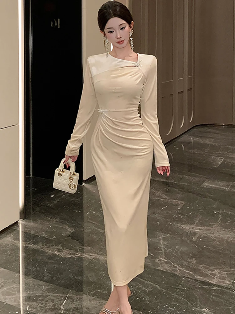 Frauen Soid Samt Pailletten Plissee Diamanten Luxus Langes Kleid Herbst Winter Elegante Bodycon Langes Kleid 2025, Koreanische Festival Kleid