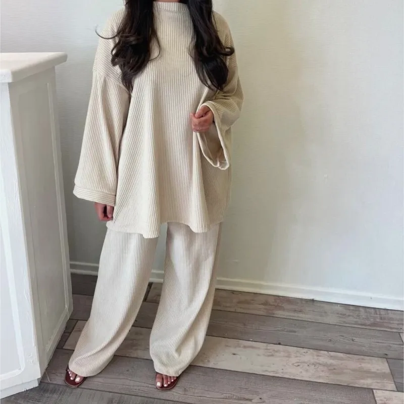 Women Solid Casual Corduroy Two Piece Sets Autumn Winter Loose Long Sleeve Wide Leg Trousers 2pcs Set Females Commuting Clothing