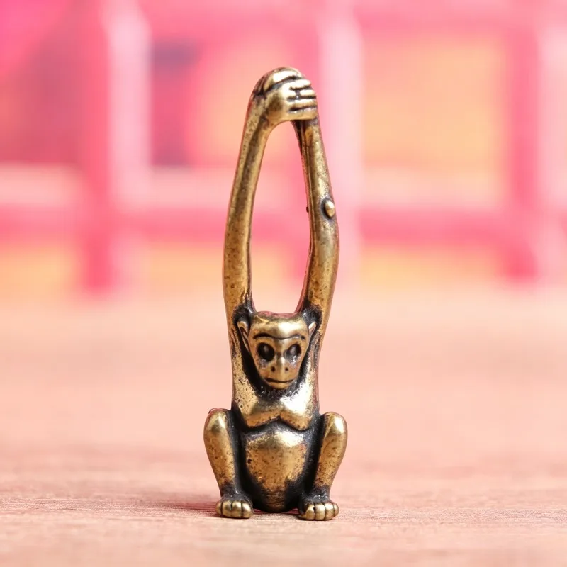 Vintage Brass Gibbon Figurine, Long Arm Sitting Monkey Statue, Mini Desktop Ornament, Tea Pet Animal Home Decor Craft Gift