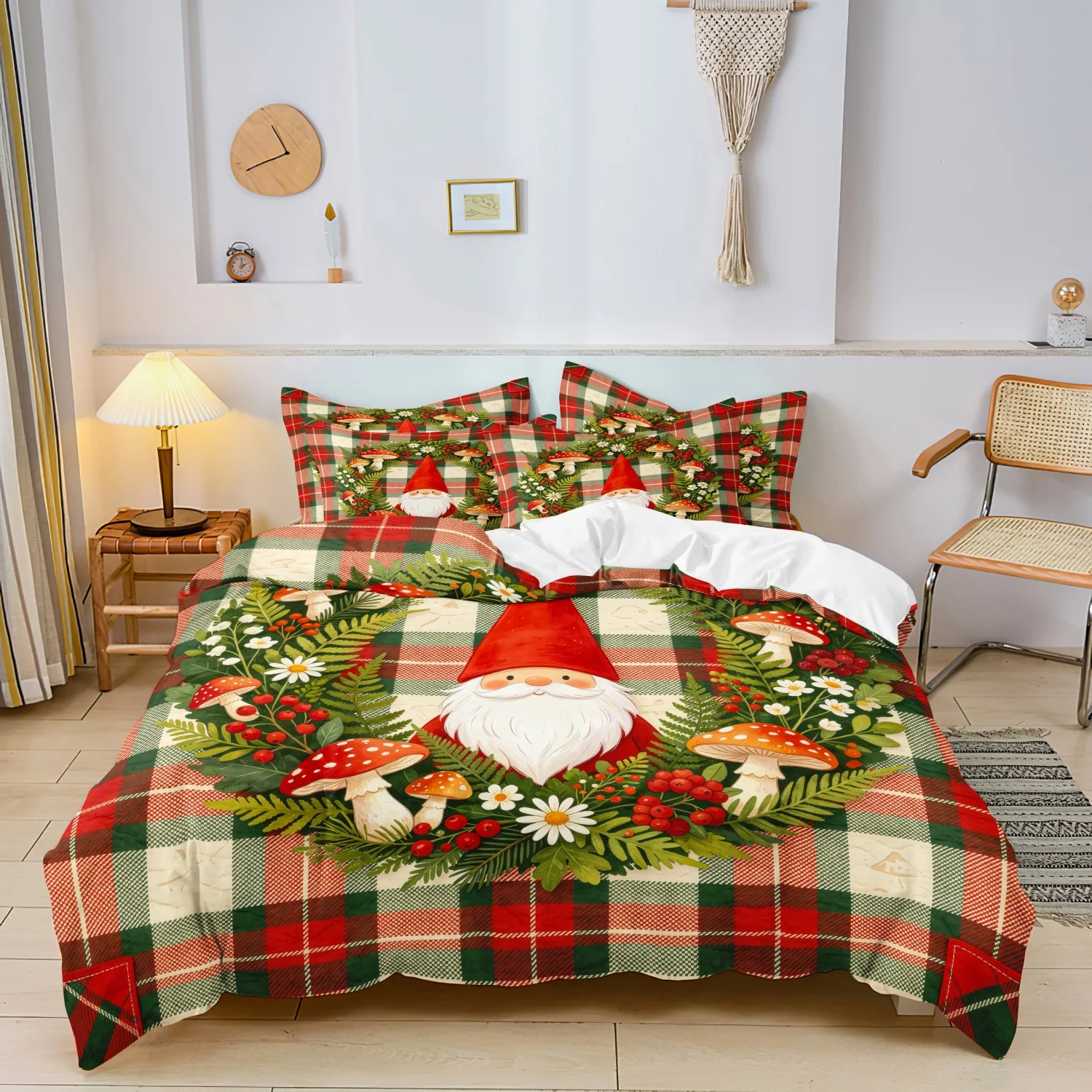 3Pcs Red Green Checkered Gnome Mushroom Floral Wreath Print Duvet Cover Set, Buffalo Plaid Christmas Gnome Bedding