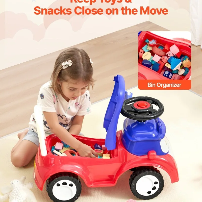 幼児用乗用玩具、プッシュカー、音楽収納、耐荷重55ポンド、足踏み式歩行器、安全で丈夫な子供用おもちゃの車、赤、男の子と女の子向け