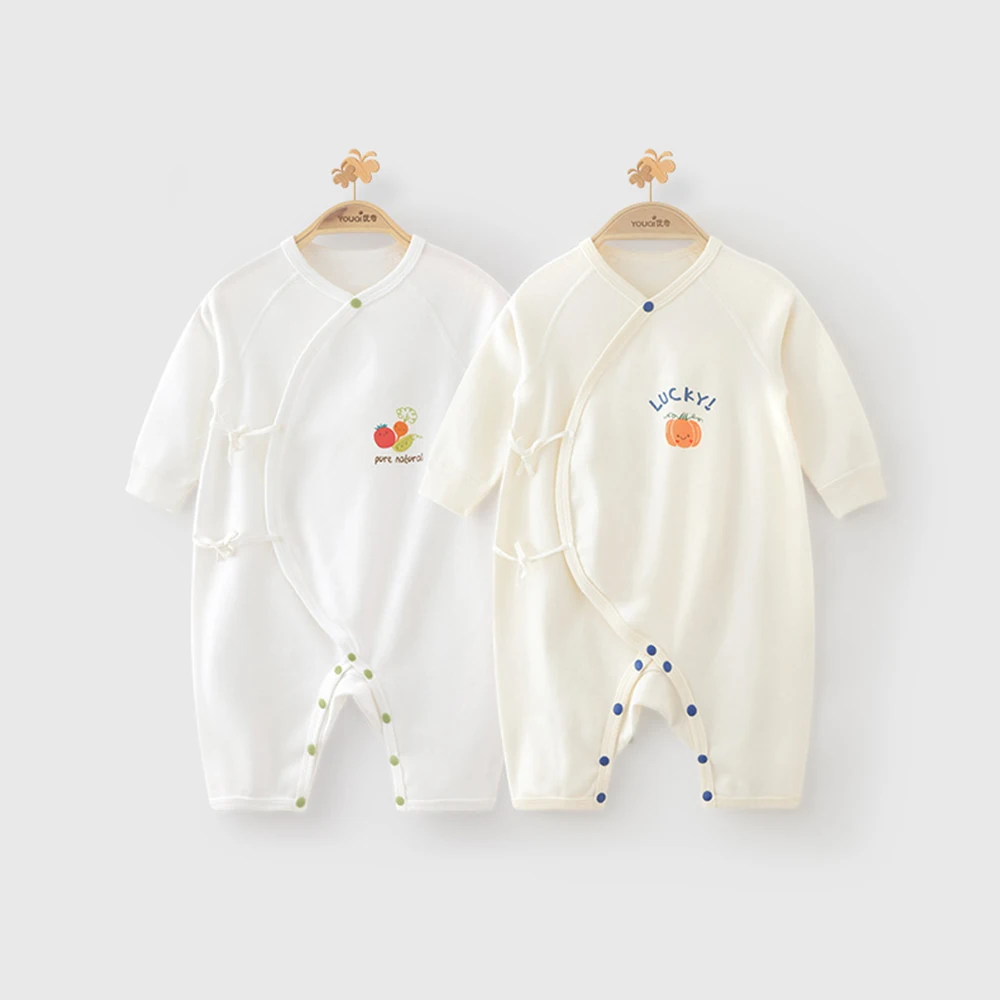 

Newborn Spring Autumn Slant Collar Strap Jumpsuit White Apricot Vegetable Pumpkin Embroidery Open Button Baby Outfit