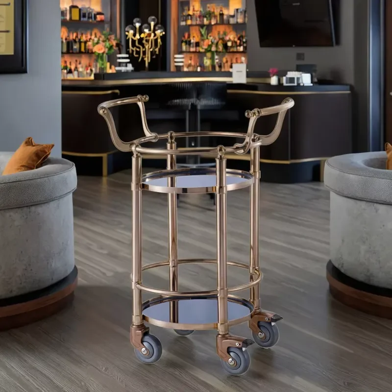 Modern Stainless Steel Round Beverage Cart with Tempered Glass Top Four Wheeled Cocktail Trolley for Hotel Restaurant Bar
