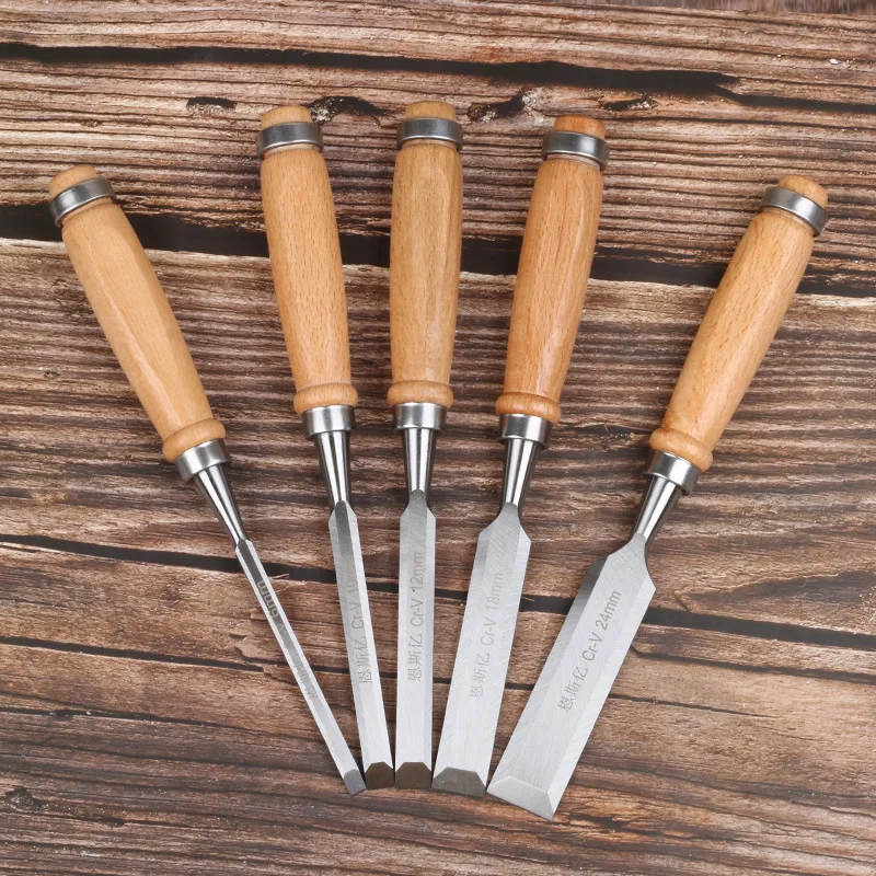 4Pcs Wood Chisel Set Cr V Steel Wooden Handle Flat Chisel Round Gouge Chisel with Storage Pouch Carpenter Woodworking Hand Tools