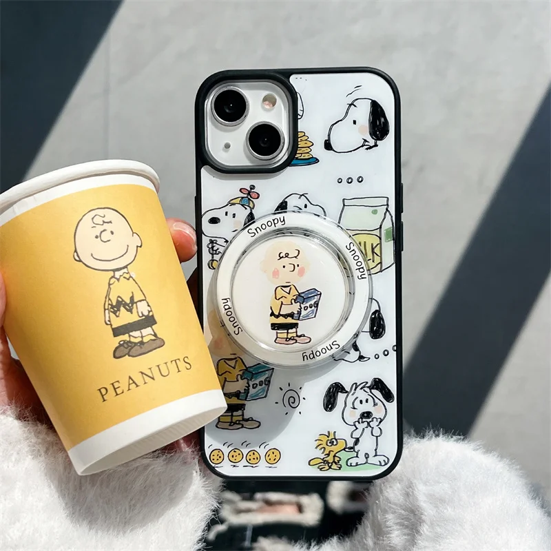 Cute Snoopy Charlie Brown Bracket Magnetic Case For iPhone 15 Pro Max 12 13 14 Pro 15 Magsafe Case Wireless Charge Cartoon Cover