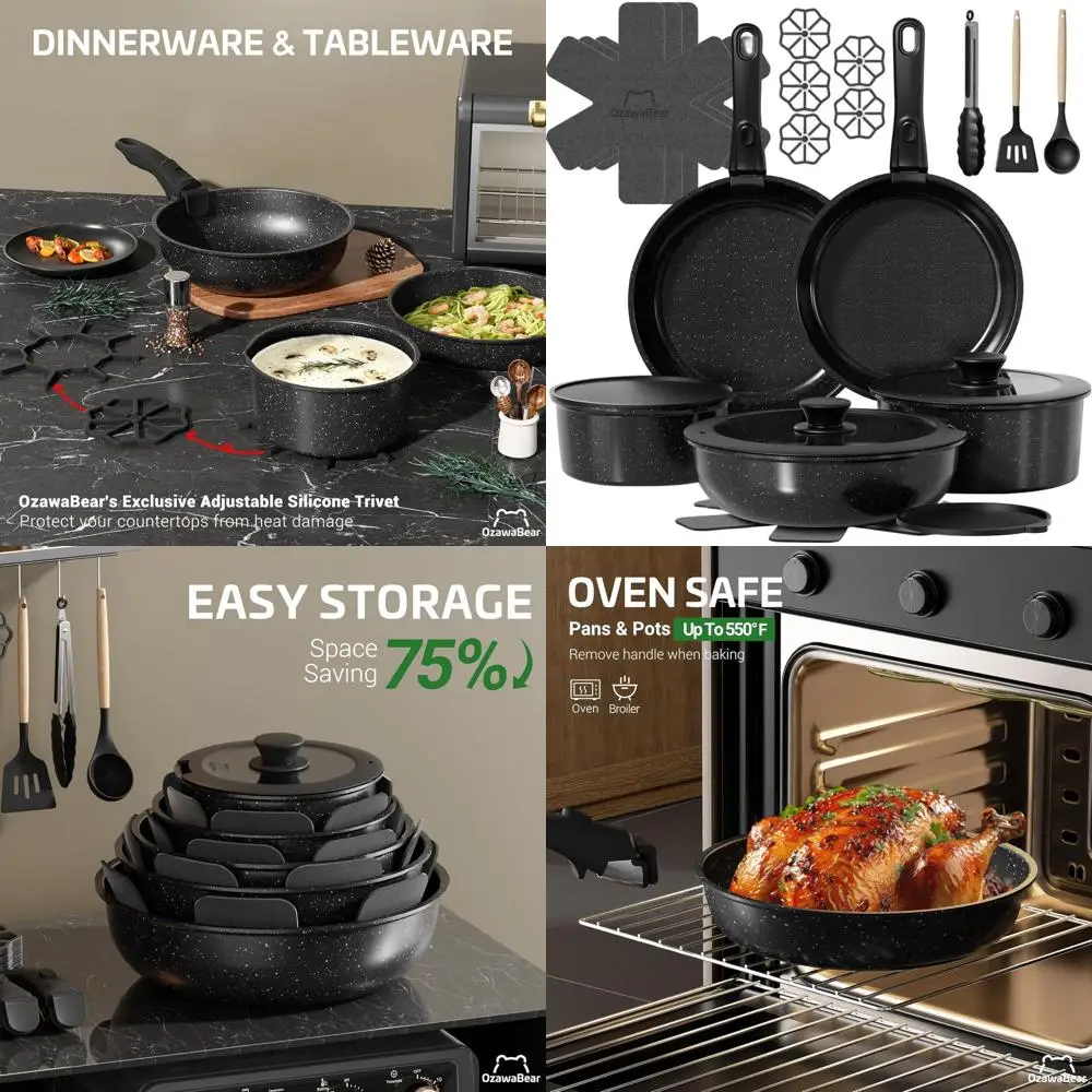 

Non-Stick Ceramic Cookware Set, 23-Piece, Detachable Handles, Healthy Induction Oven-Safe, PFAS/PFOA/PTFE-Free, Black