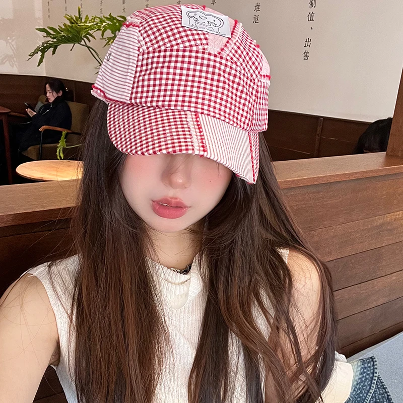 Japanese Designer Splicing Plaid 5-panel Baseball Caps Women Spring Summer Travel Versatile Sunscreen Street Trend Hip-hop Hat