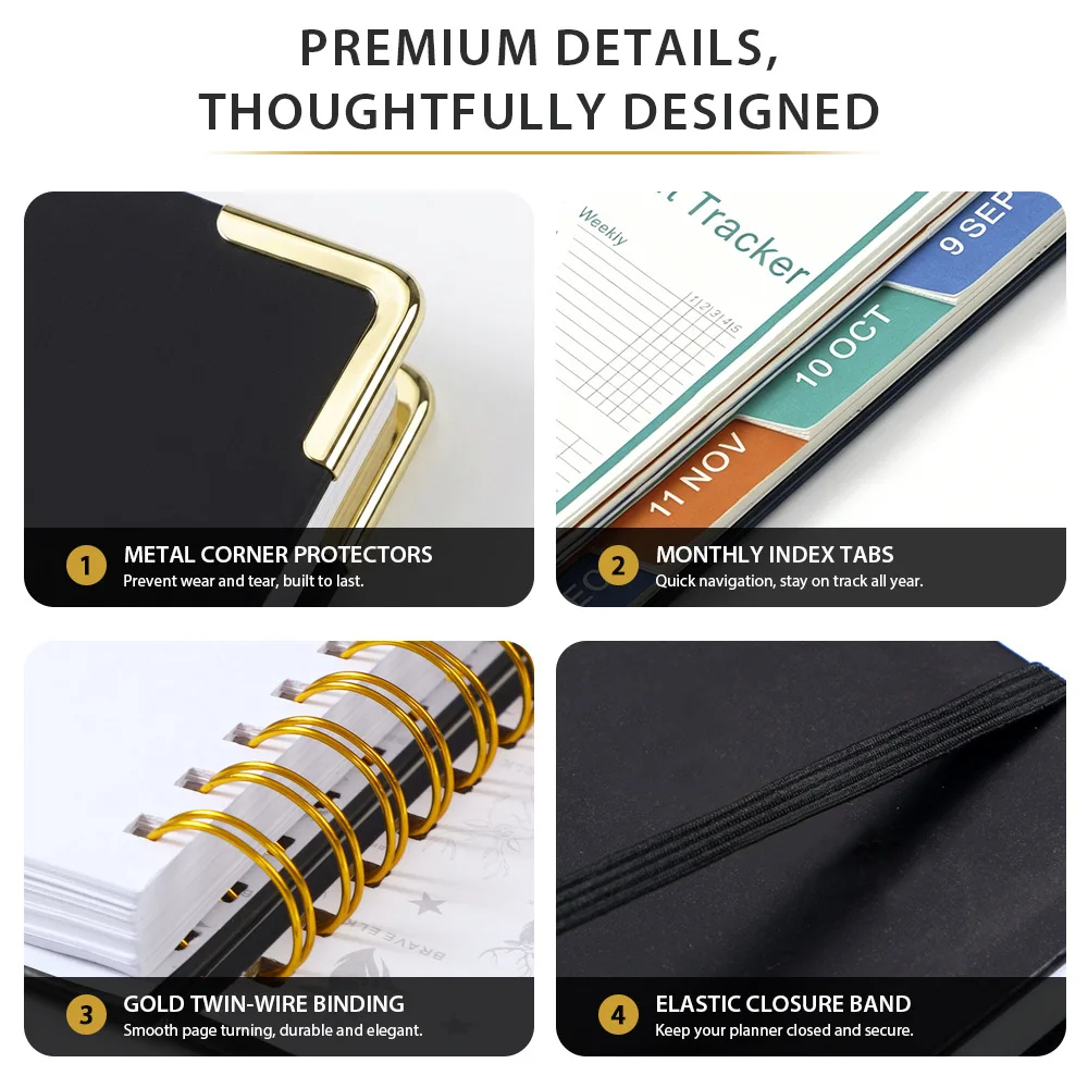 2027 English Daily and Monthly Planner Notebook, A5 Spiral Bound Agenda with 160 Sheets, Metal Corner Protectors, Monthly Index